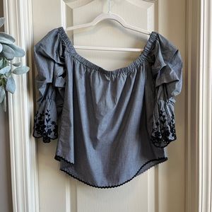 Haute Monde Grey Boho Off the Shoulder Top with Embroidered Sleeves 100%